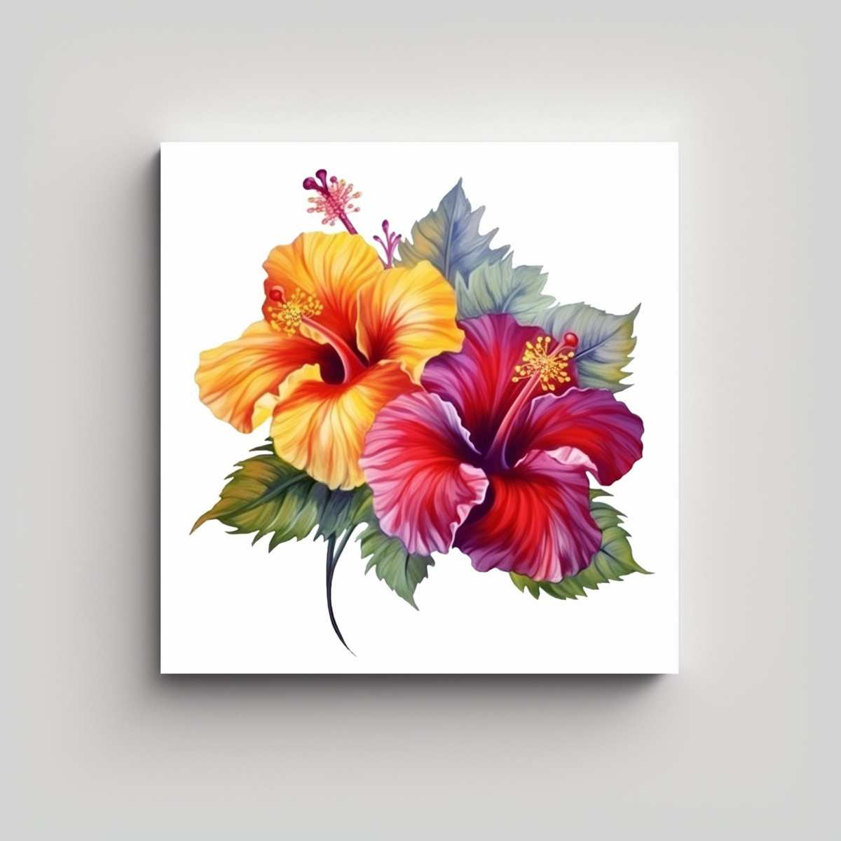 Arte Pintura Bellas Flores De Hibisco Rojo Amarillo Morado Cuadros