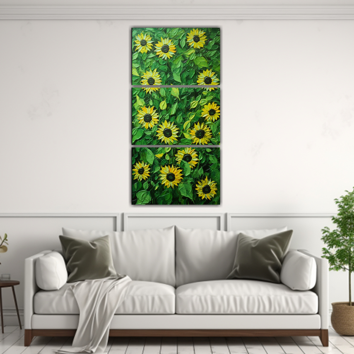 Cuadro Lienzo Tres Artes De Pared Finas Lineas Poder A Girasoles Verdes