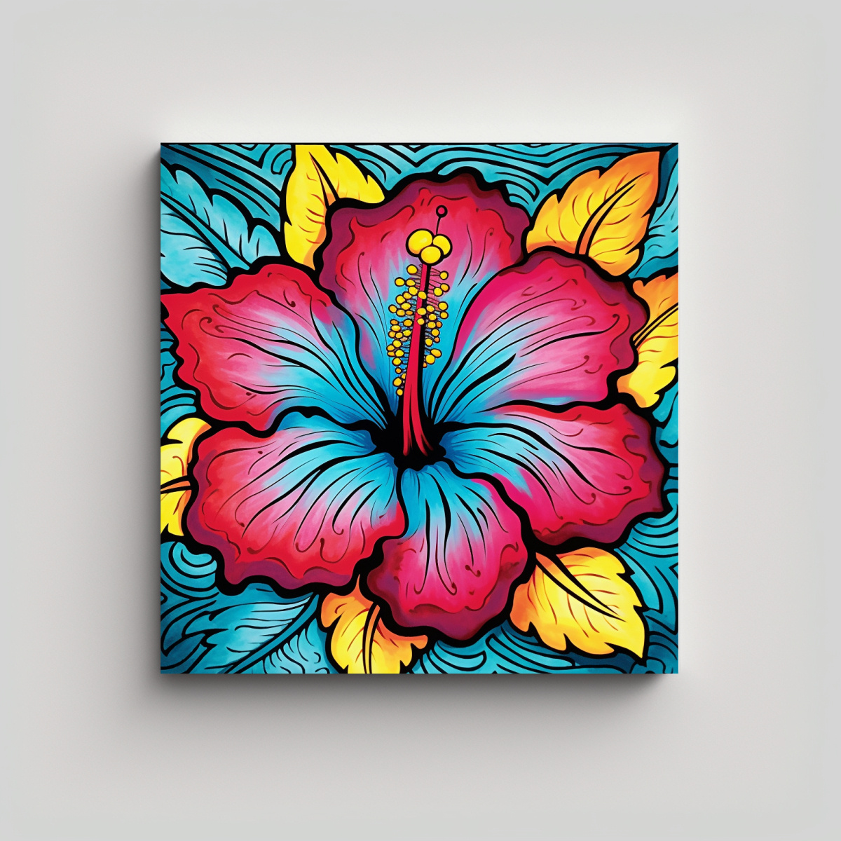 Cuadro Decorativo Surrealista Flor De Hibiscus Rojo Azul Amarillo