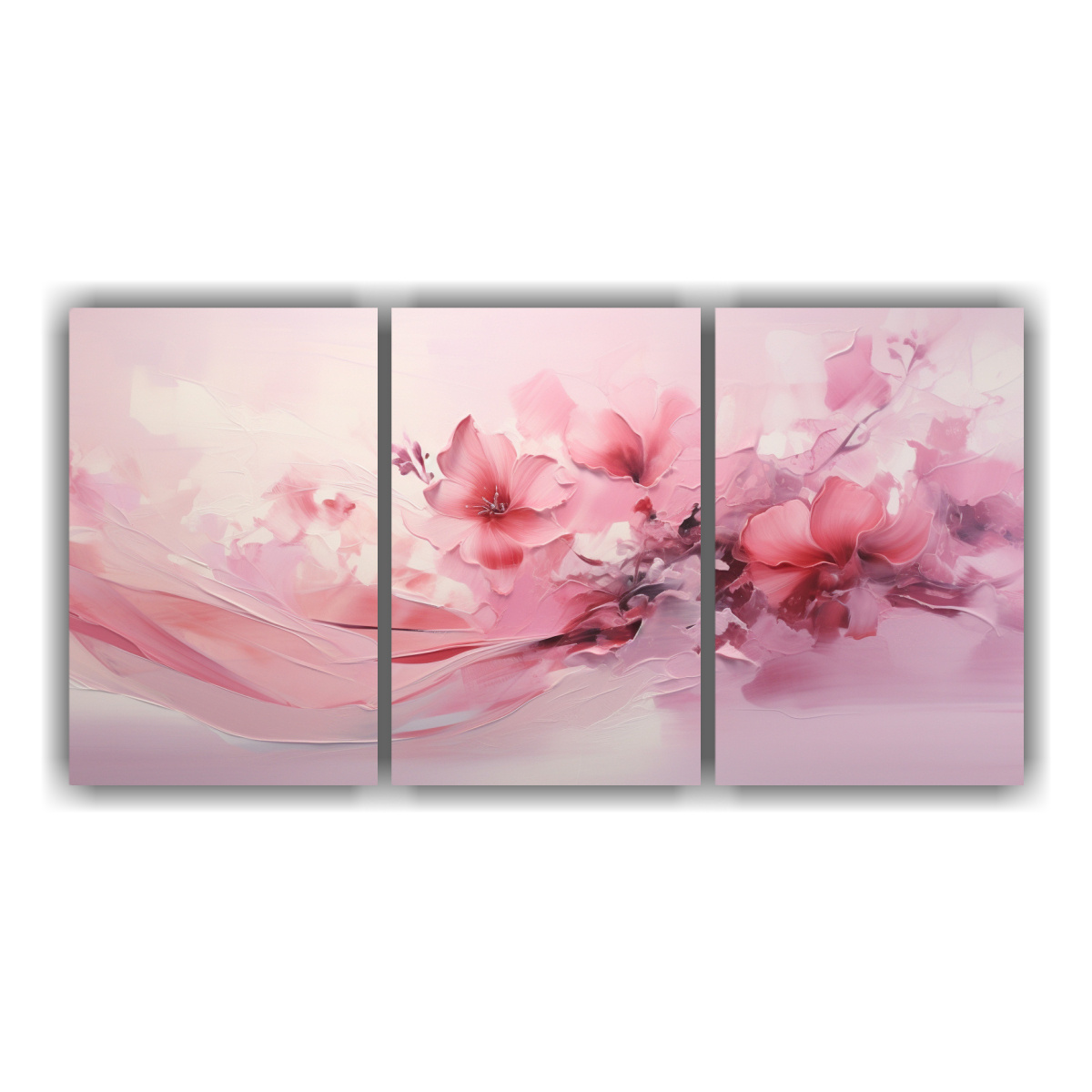 Cuadro Pintura Abstracta Rosa En Tres Lienzos Para Decoración Creativa