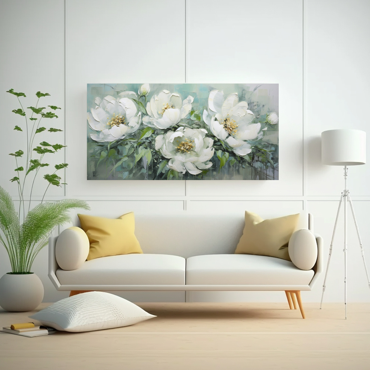 Cuadro Pintura Floral De Peonías Verdes En Lienzo Estilo Decorativo