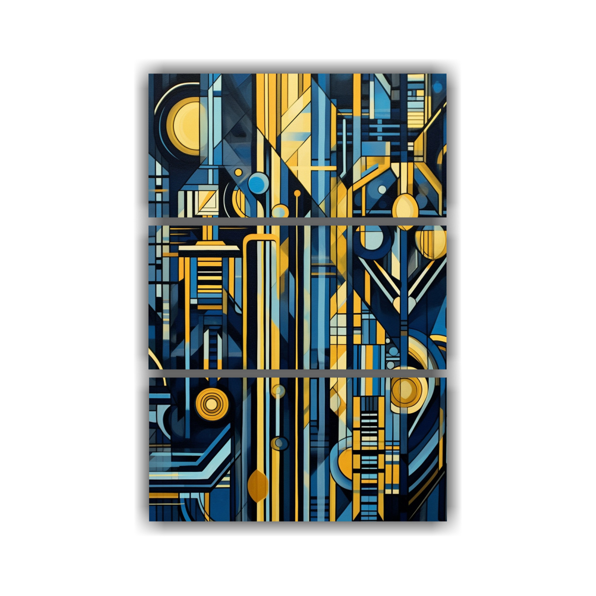 Pintura Tríptica Con Diseños Geométricos Abstractos En Negro Azul Y Amarillo DecoCuadros