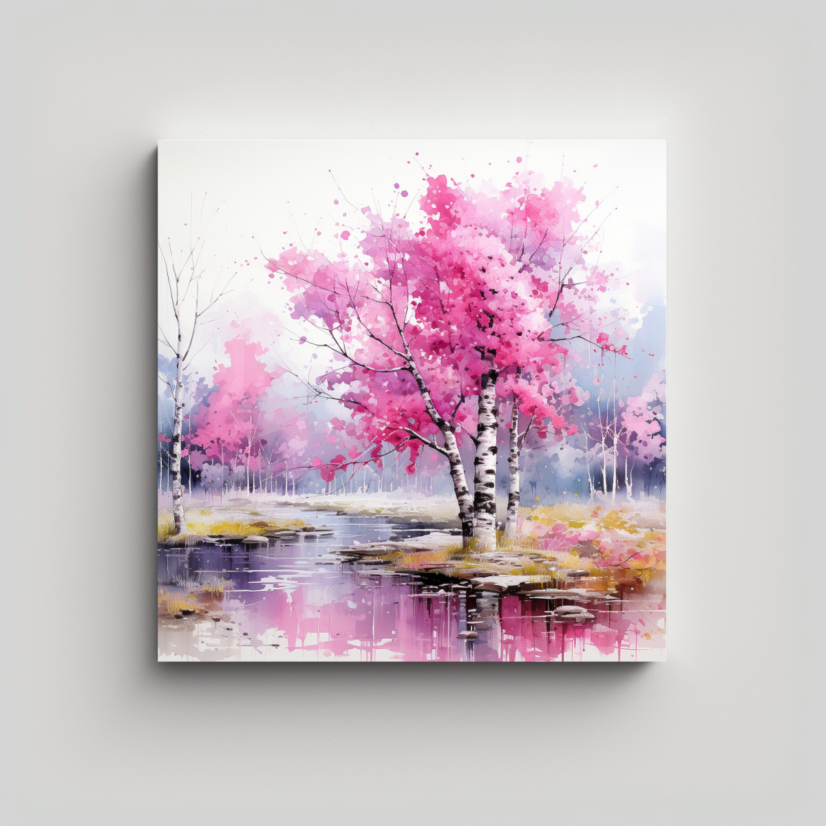 Cuadro Pintura Abstracta Acuarela Colores Rosa Árbol Abedul Alegría