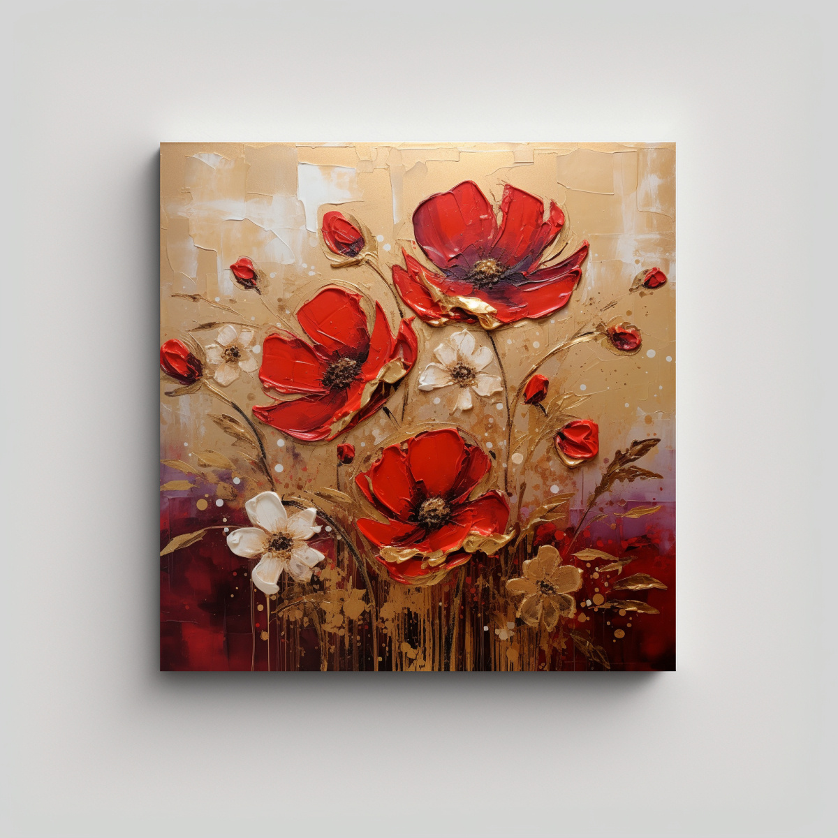 Pintura Cuadro Floral Rojo Y Dorado En Lienzo Para Decoración Decocuadros