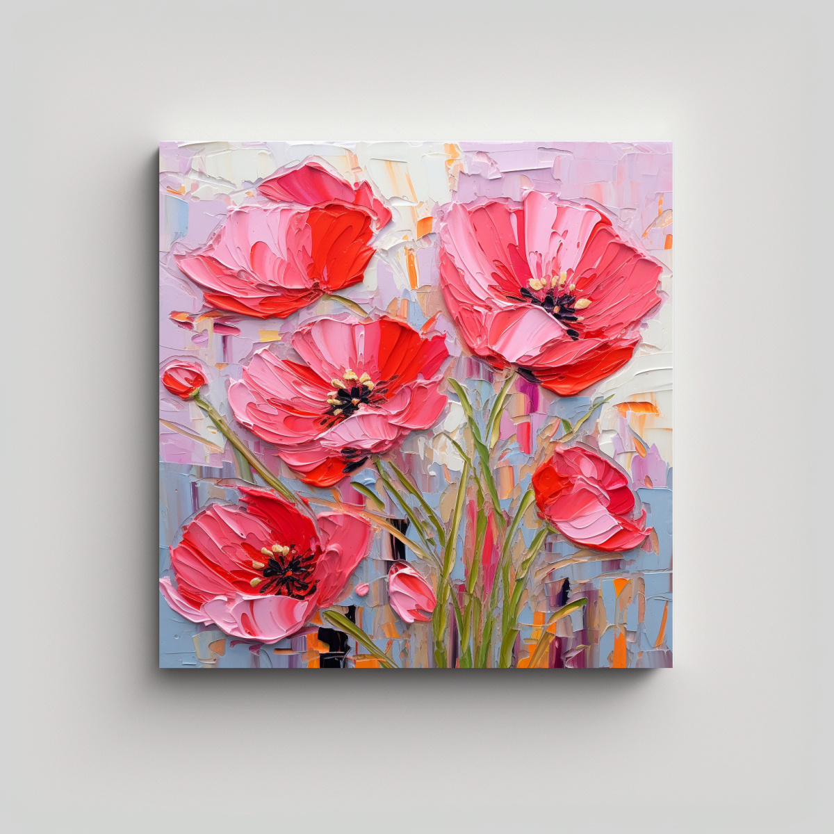 Pintura De Flores En Lienzo En Tonos Rojo Y Rosa Con Efecto De