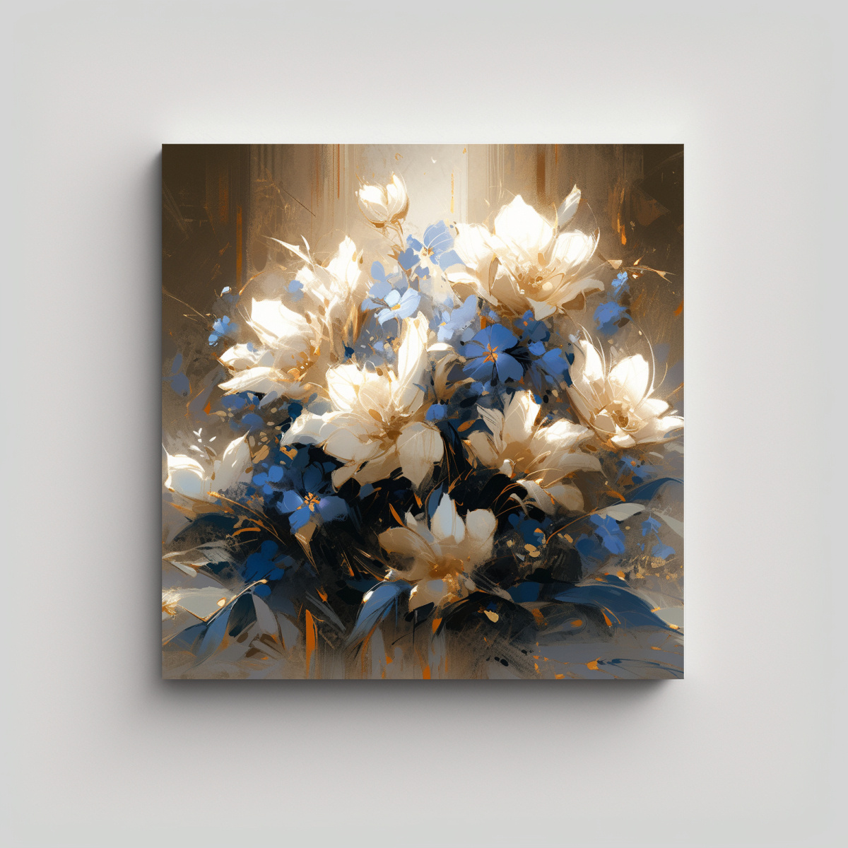 Pintura De Flores En Tonos Dorados Y Azules Para Decorar Sala Decocuadros