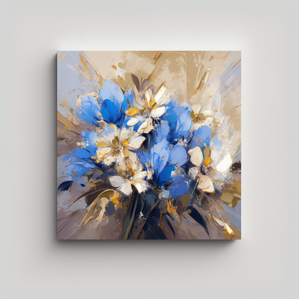 Pintura En Lienzo De Flores Doradas Y Azules Con Detalles Intrincados