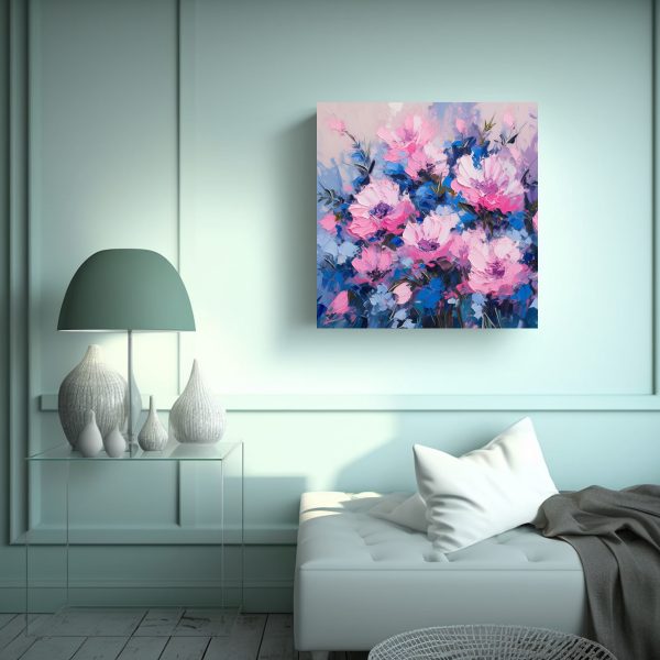 Cuadro De Flores En Colores Rosa Y Azul Para Decoración Con Inspiración