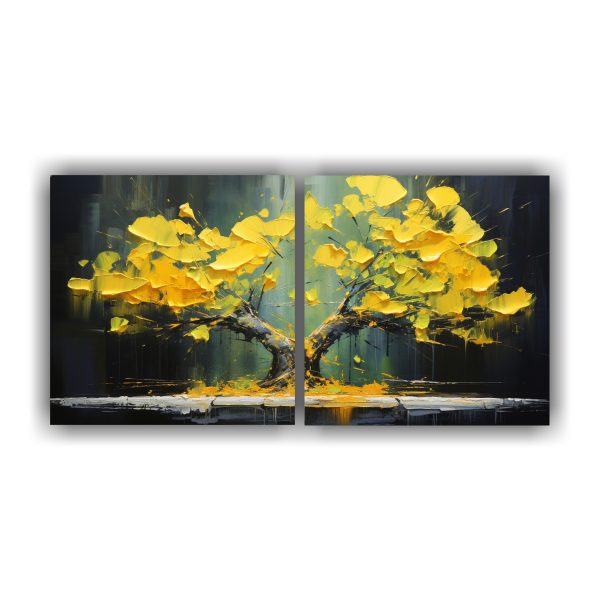 Díptico Impreso Ginkgo Biloba Bonsái Pintura Abstracta Con Alto Detalle