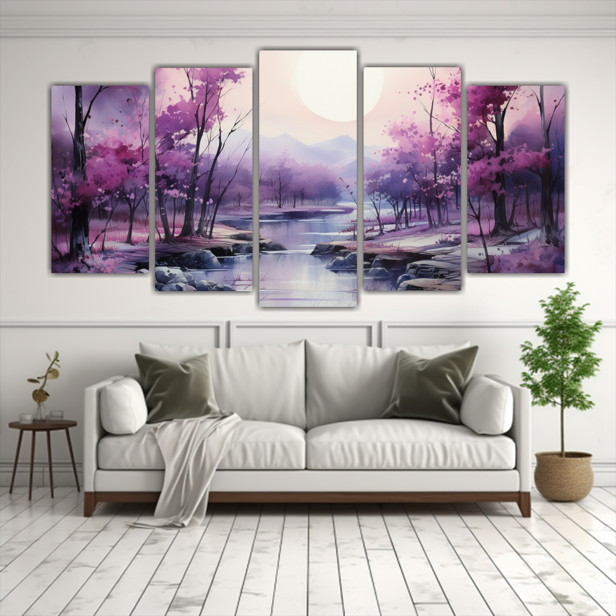 Cuadro Decorativo Paisaje Bosque Sumie En Colores Morado Y Turquesa