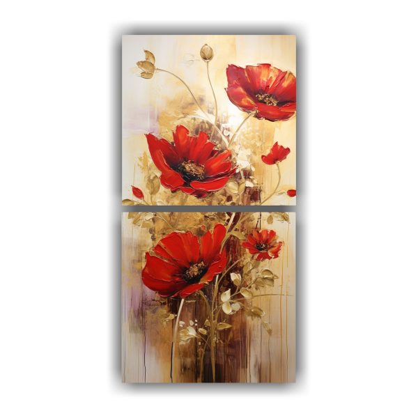 Set 2 Telas En Bastidor Tonos Escena A Red Gold Colors Flowers Painting