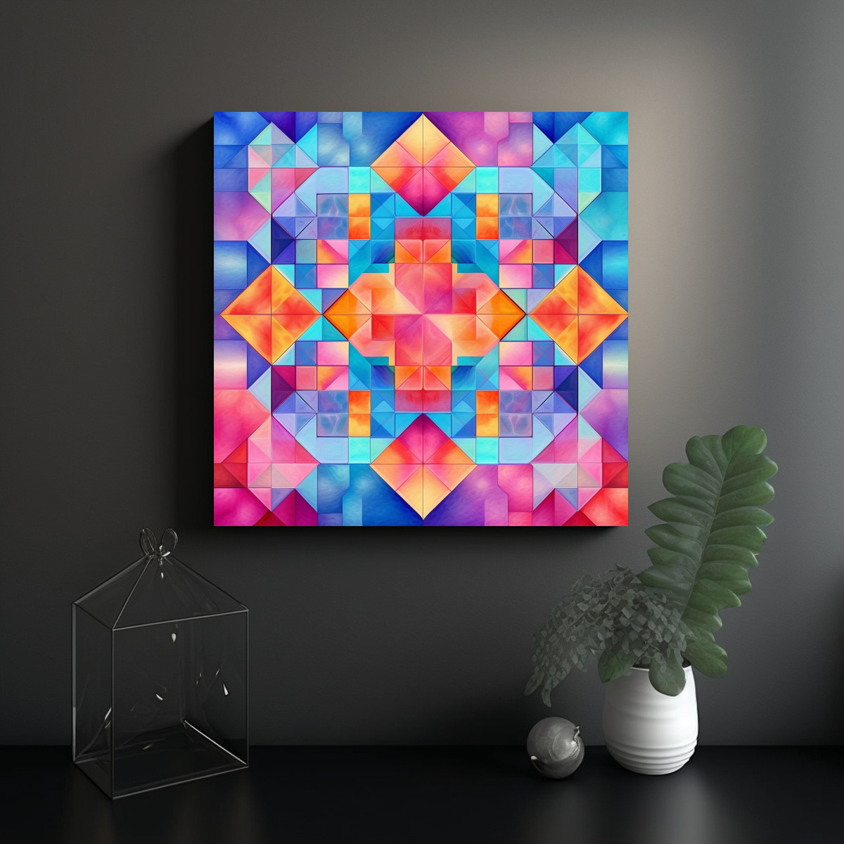 Cuadro Abstracción Estilo Mosaico En Rosa Naranja Y Azul DecoCuadros