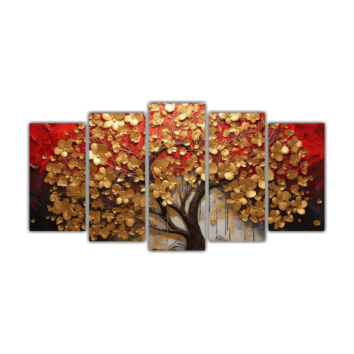 arte-gr-fico-en-forma-de-rbol-en-rojo-y-dorado-en-cinco-telas-en-bastidor