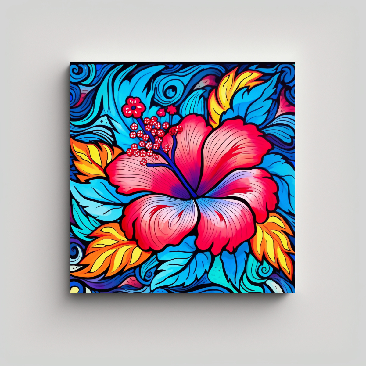 arte-pared-tela-sublimada-comedor-flor-hibiscus-rojo-azul-amarillo