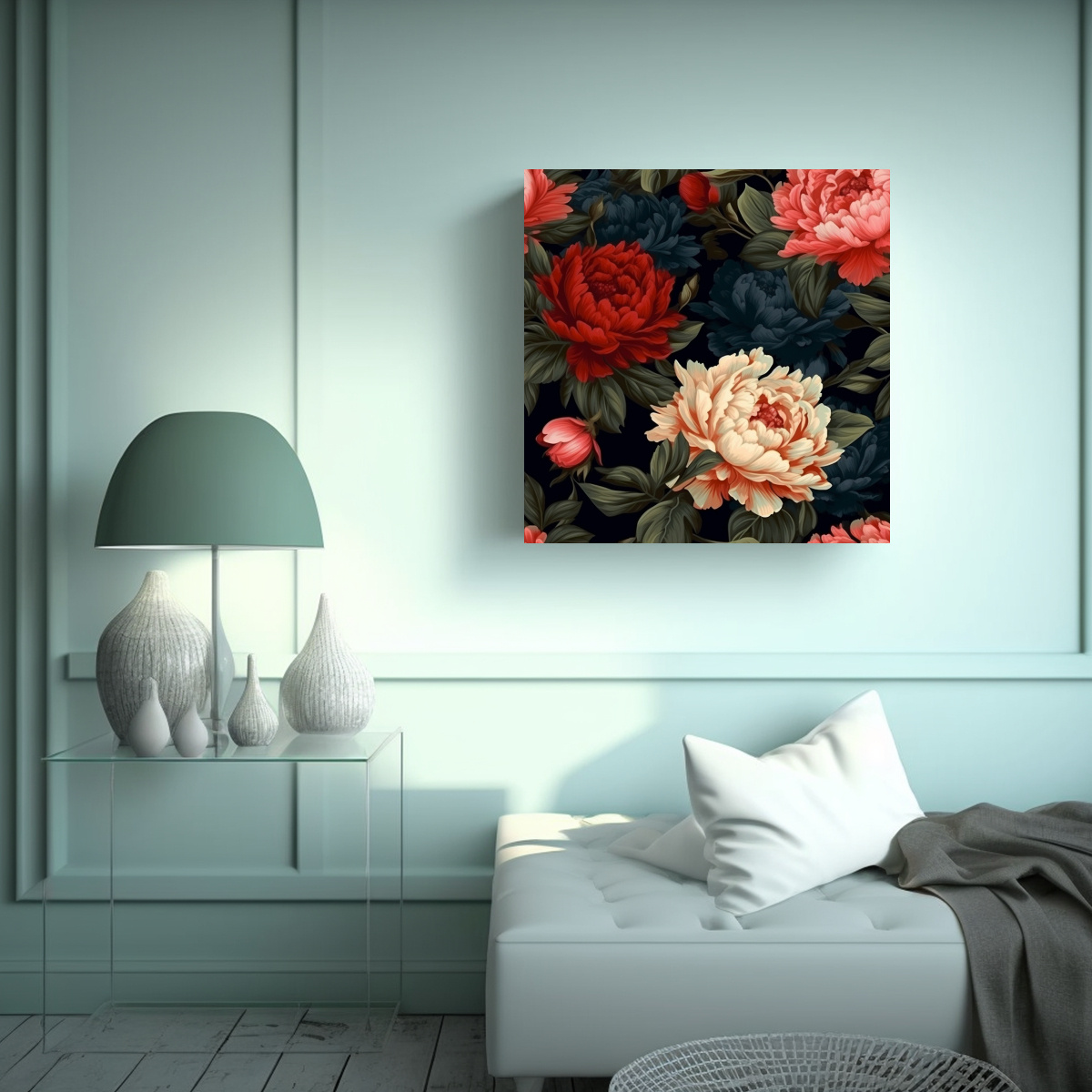 arte-vintage-de-pared-ambientaci-n-con-peon-as-en-fondo-oscuro-brillante-1