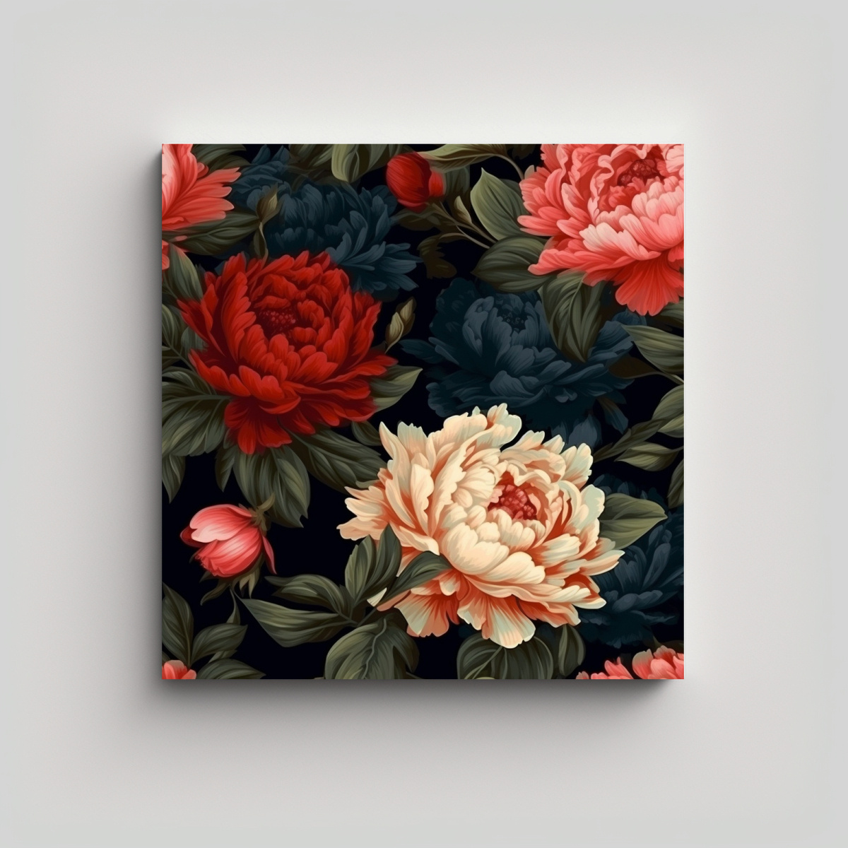 arte-vintage-de-pared-ambientaci-n-con-peon-as-en-fondo-oscuro-brillante