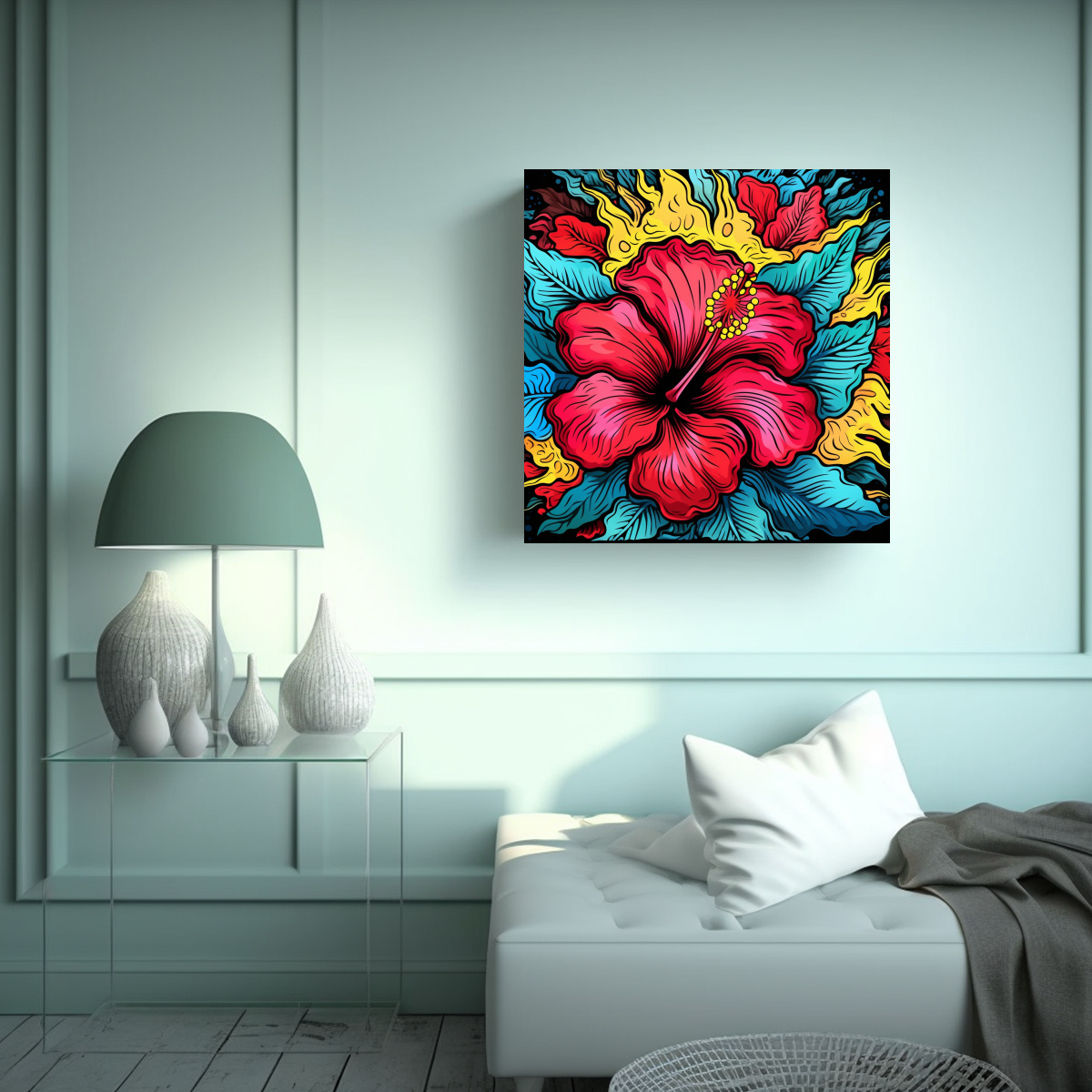 canva-tonos-surrealista-flor-de-hibiscus-rojo-azul-amarillo-1