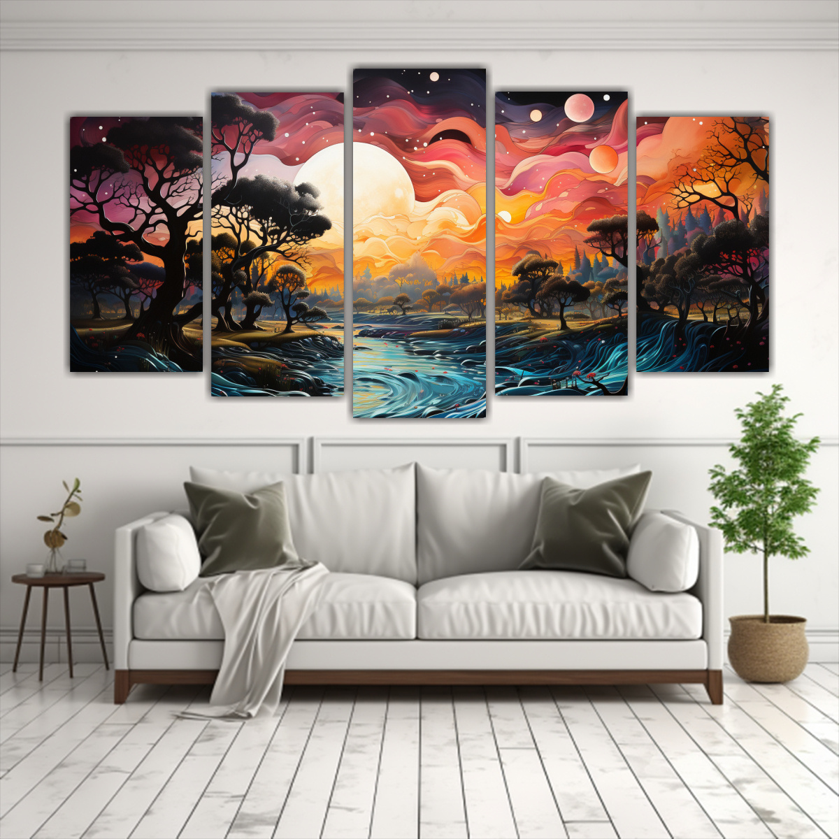 cinco-lienzos-de-tela-moderno-espacio-con-luna-cerca-de-las-monta-as-1