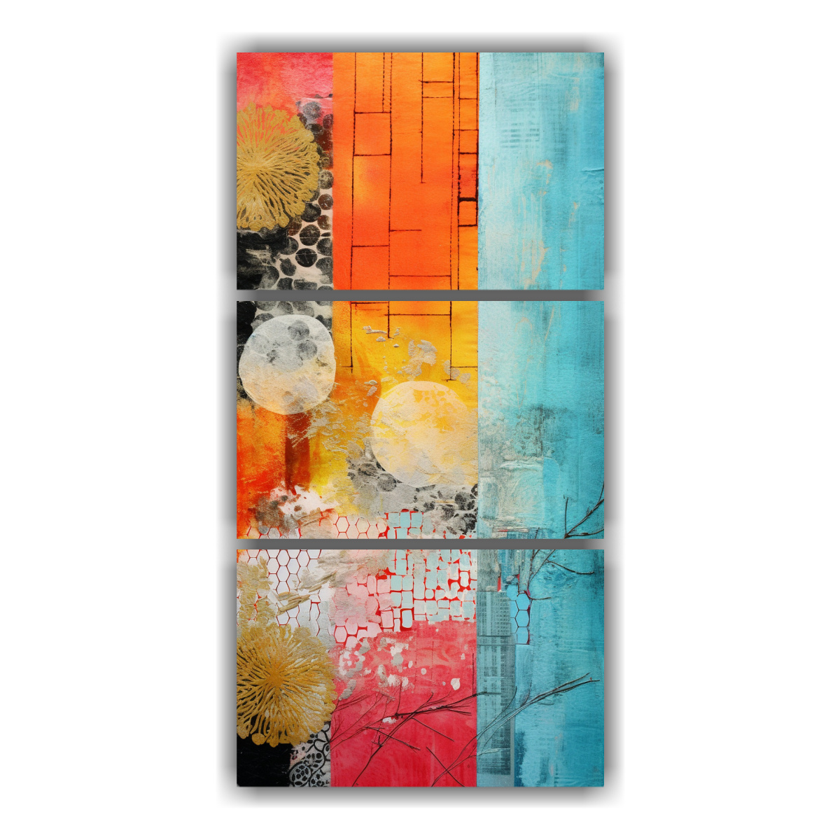 collage-abstracto-de-texturas-y-colores-combinados-en-pinturas-decorativas-de-tres-lienzos-con-espectacular-contraste
