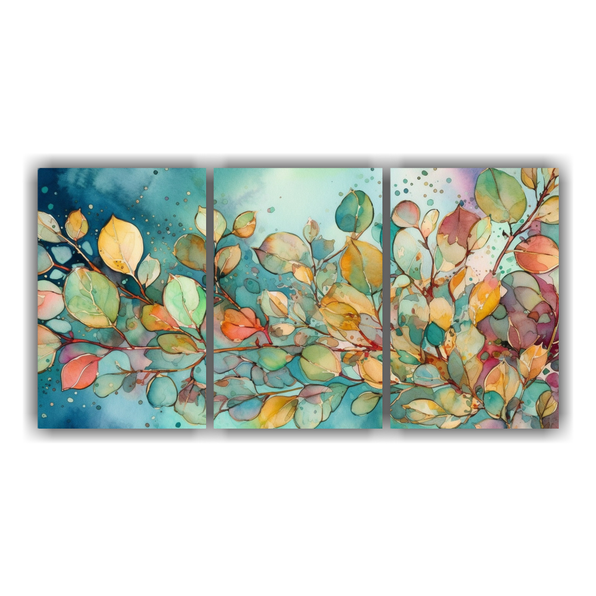 conjunto-3-composiciones-dibujo-escenario-hojas-eucalipto-acuarela-brillante