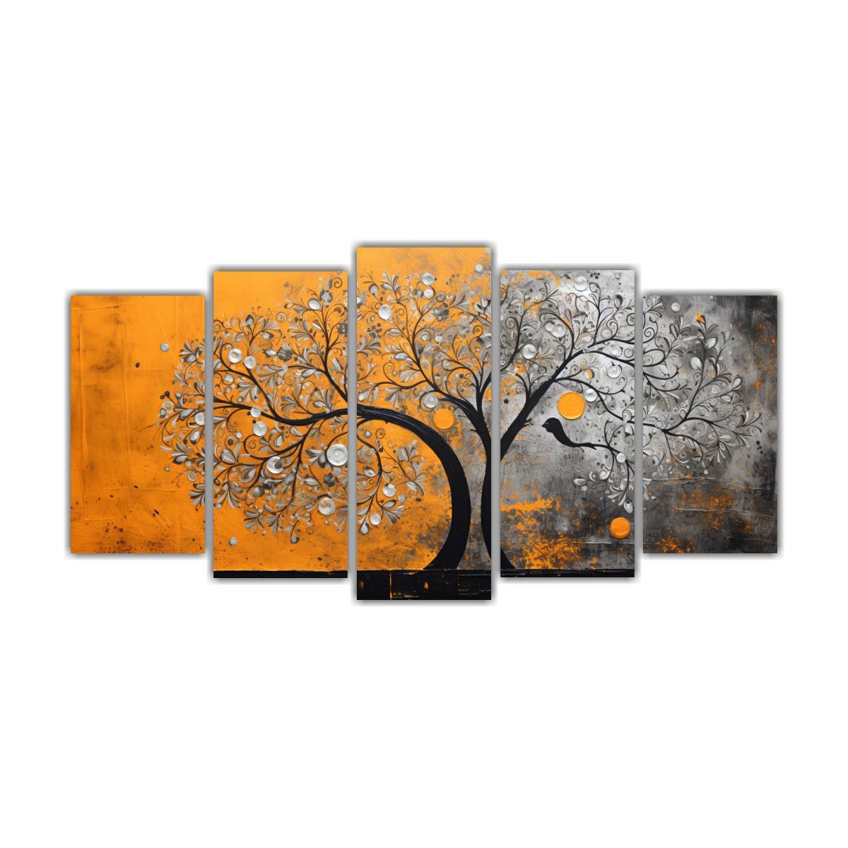 conjunto-5-cuadros-impreso-rbol-llamativo-en-naranja-y-plata