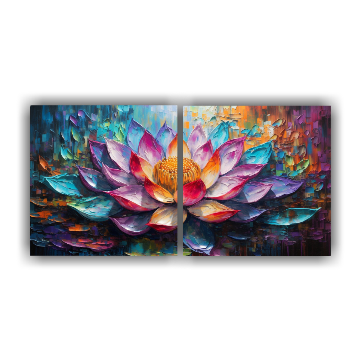 conjunto-de-2-telas-en-bastidor-impreso-para-comedor-con-pintura-de-loto-en-colores-arco-ris-en-lienzo