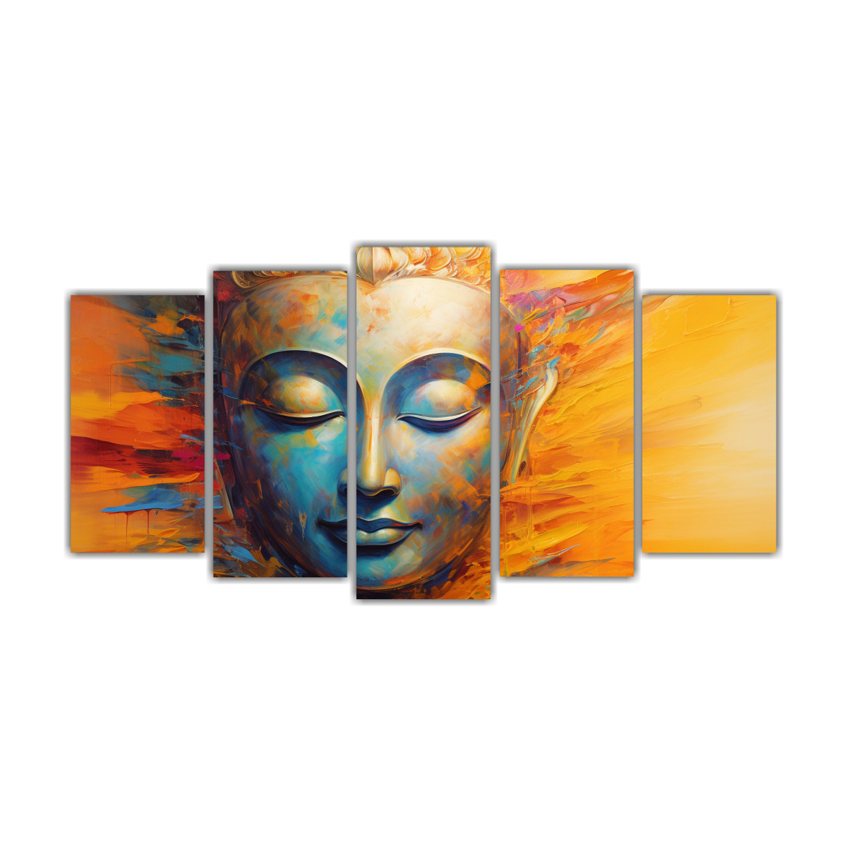 conjunto-de-5-cuadros-modernos-de-tela-estilo-abstracto-con-rostro-de-buda-en-oro-y-arco-ris