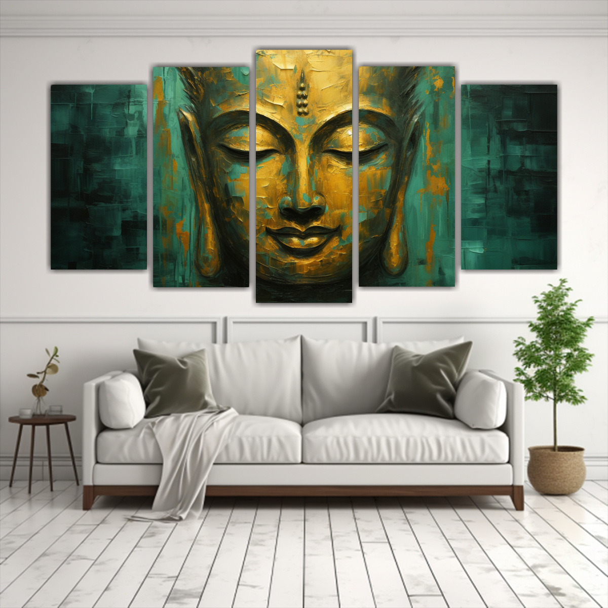 conjunto-de-5-telas-en-bastidor-con-tonos-comedor-buddha-face-aceite-estilo-abstracto-oro-y-verde-mod-1