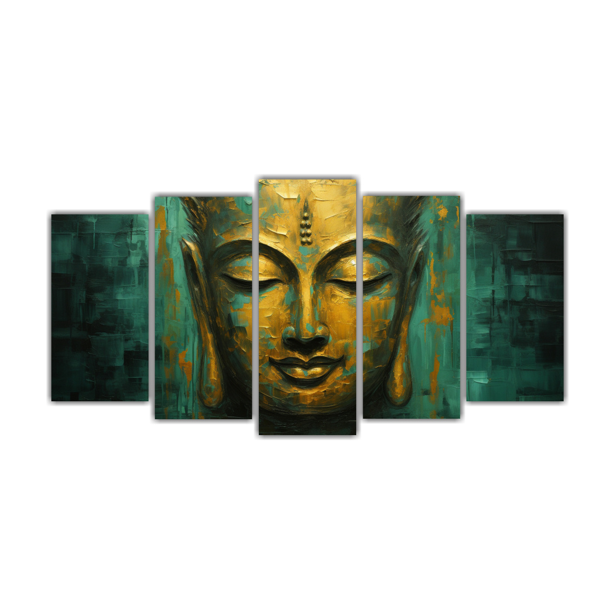 conjunto-de-5-telas-en-bastidor-con-tonos-comedor-buddha-face-aceite-estilo-abstracto-oro-y-verde-mod