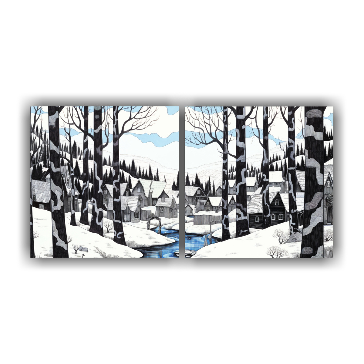 cuadro-de-decoraci-n-line-drawing-bosque-nevado-monta-a-arroyo-bl