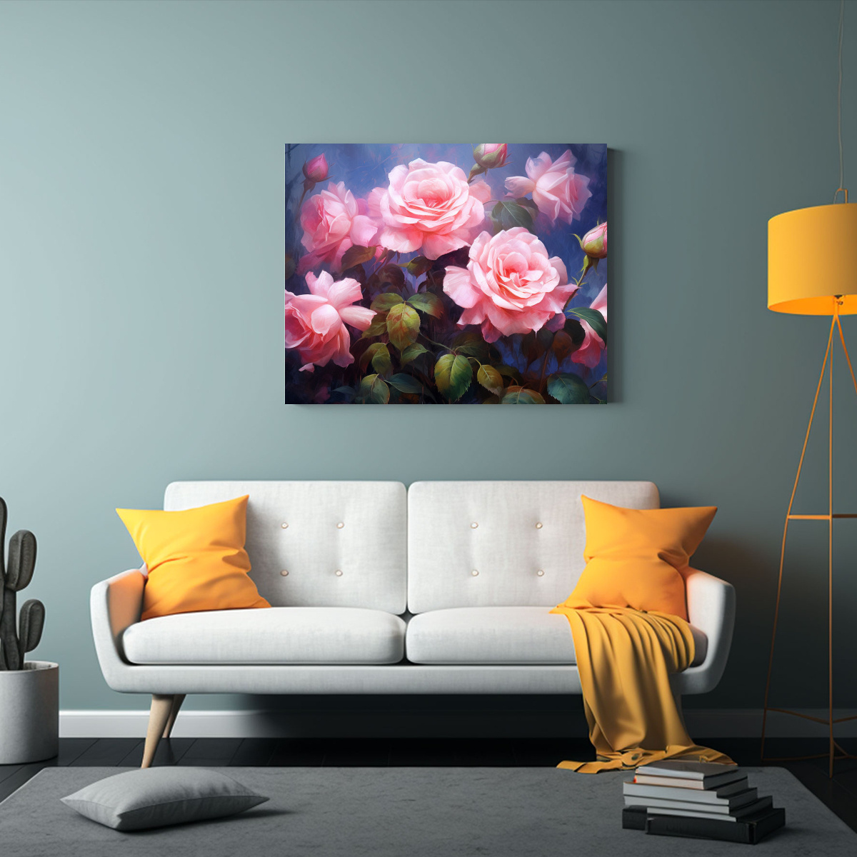 cuadro-de-rosas-rosadas-en-pared-gris-estilo-a-pintura-1
