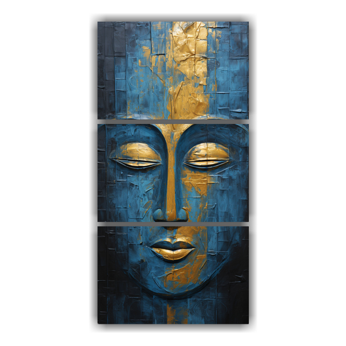cuadro-decorativo-abstracto-en-tonos-dorado-y-azul-de-rostro-de-buda-en-movimiento-set-de-3-telas-en-bastidor