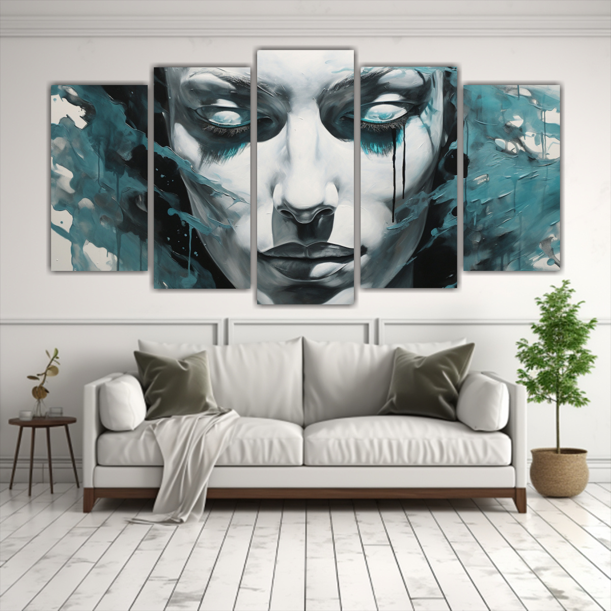 cuadro-decorativo-de-pared-con-contornos-faciales-y-salpicaduras-plateadas-y-turquesas-de-vanguardia-1