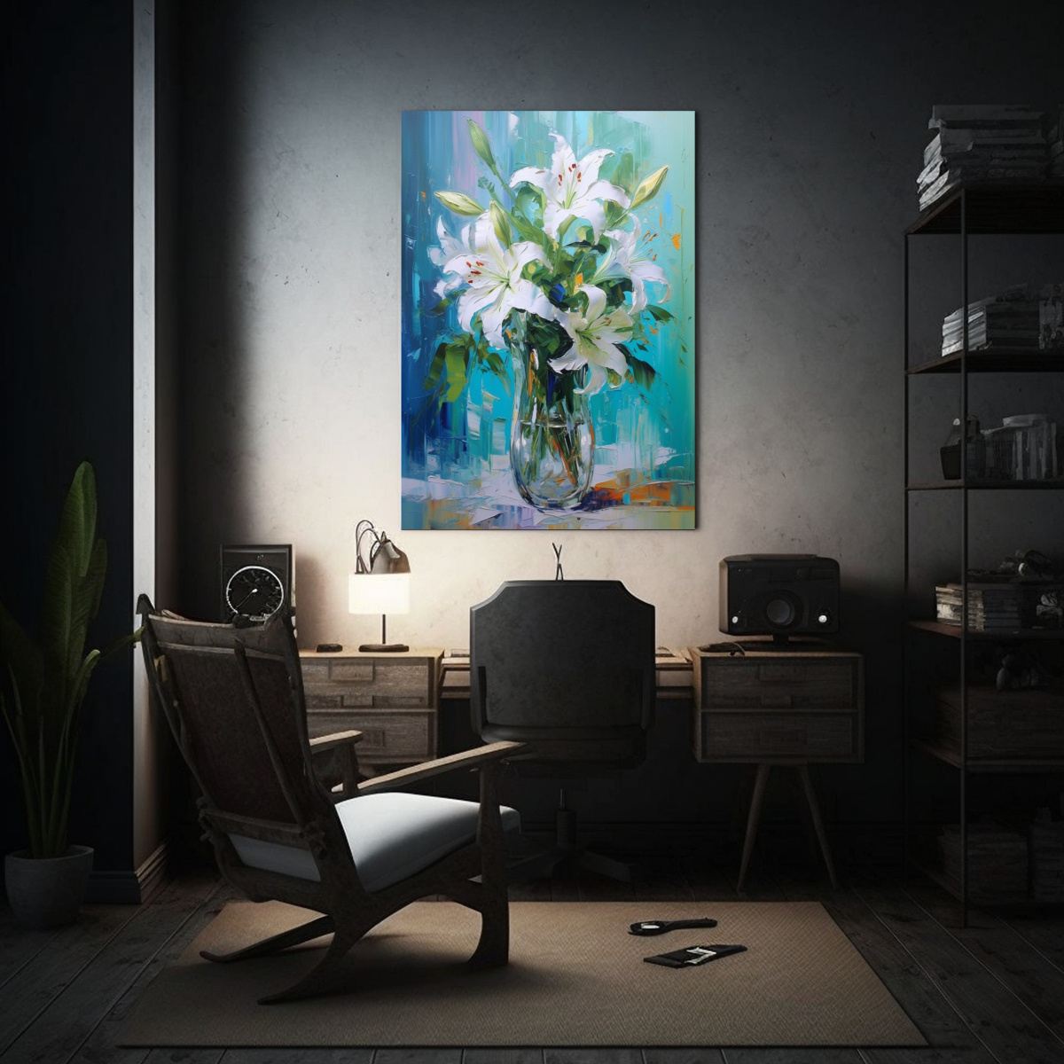 cuadro-decorativo-moderno-lirios-florecen-en-botella-de-cristal-bajo-la-luz-estelar-1