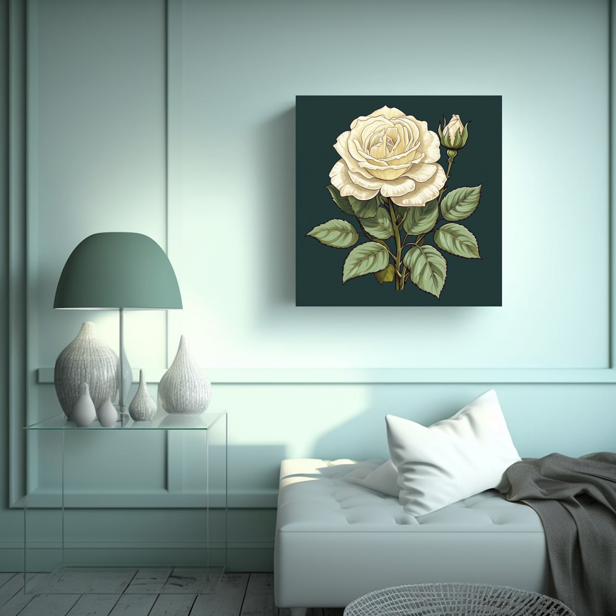 cuadro-decorativo-rosa-sana-en-reflejo-de-tonos-verdes-oscuros-1