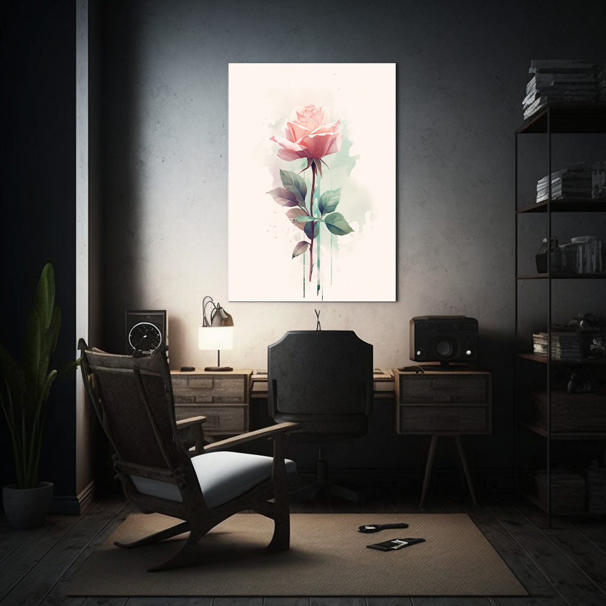 cuadro-hermoso-rosa-en-acuarela-con-fondo-verde-1