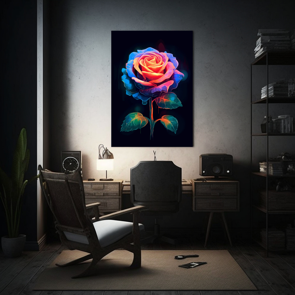 cuadro-moderno-con-gran-rosa-de-ne-n-sobre-fondo-oscuro-1