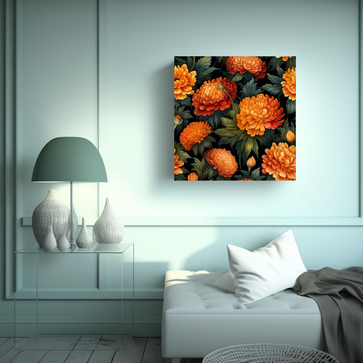 cuadro-moderno-urbano-con-flores-vintage-marigold-en-leo-oscuro-1