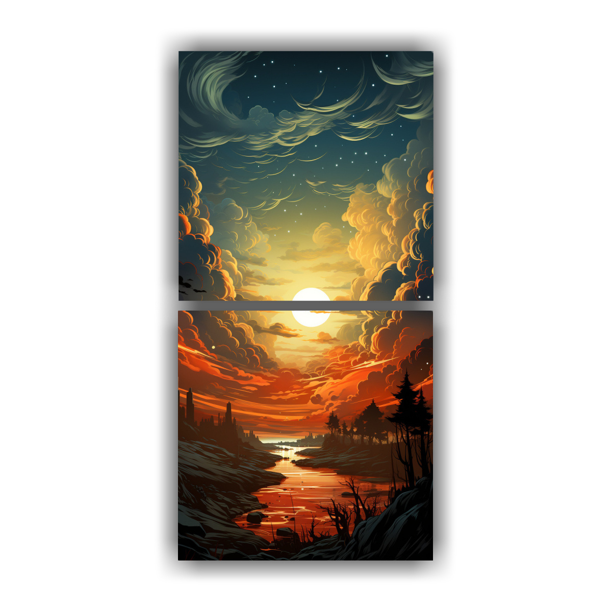 cuadros-cuadro-escena-tormenta-de-rayos-nubes-colores-planos-rojo-marr-n-ye-