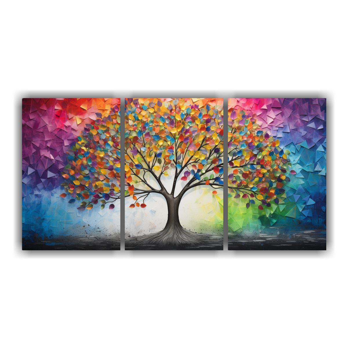 cuadros-de-inspiraci-n-arco-ris-y-plata-con-rbol-sim-trico