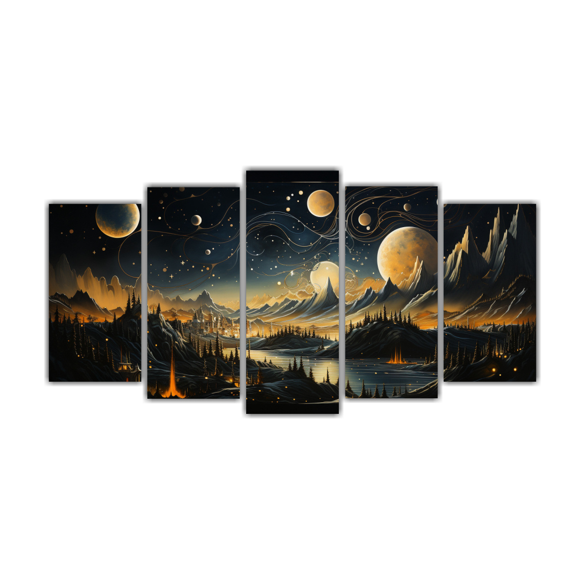 cuadros-de-tela-dibujo-de-fases-lunares-noche-estrellada-paisaje-de-monta-a-en-dorado-