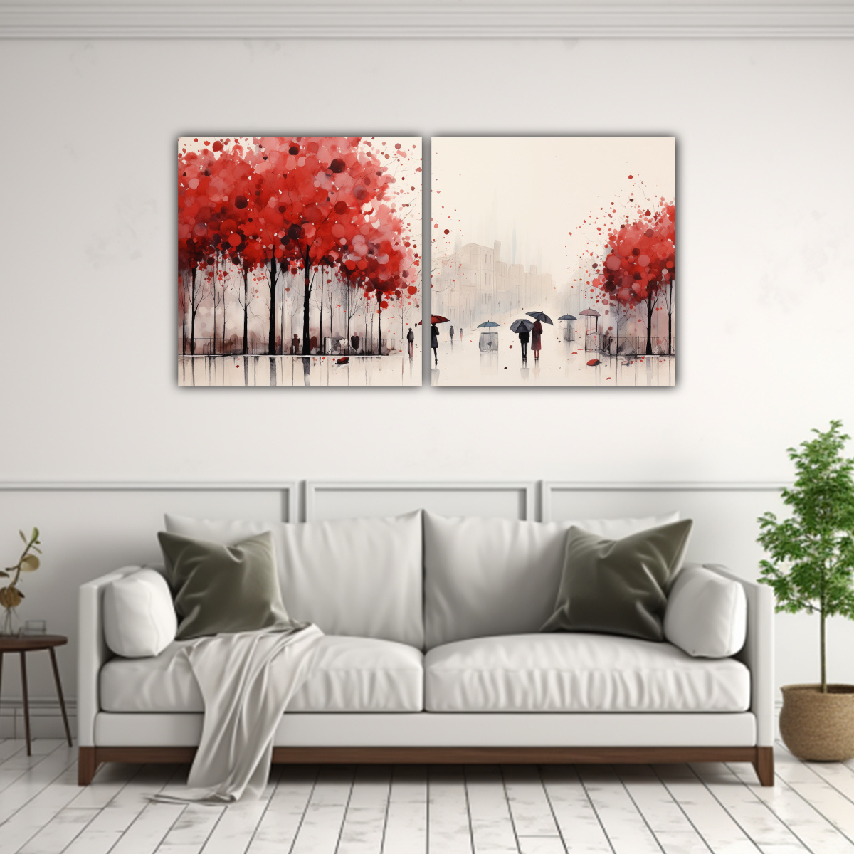 cuadros-decorativos-con-personas-caminando-bajo-la-lluvia-paraguas-rojos-y-rboles-en-dos-lienzos-de-hermoso-pop-art-1