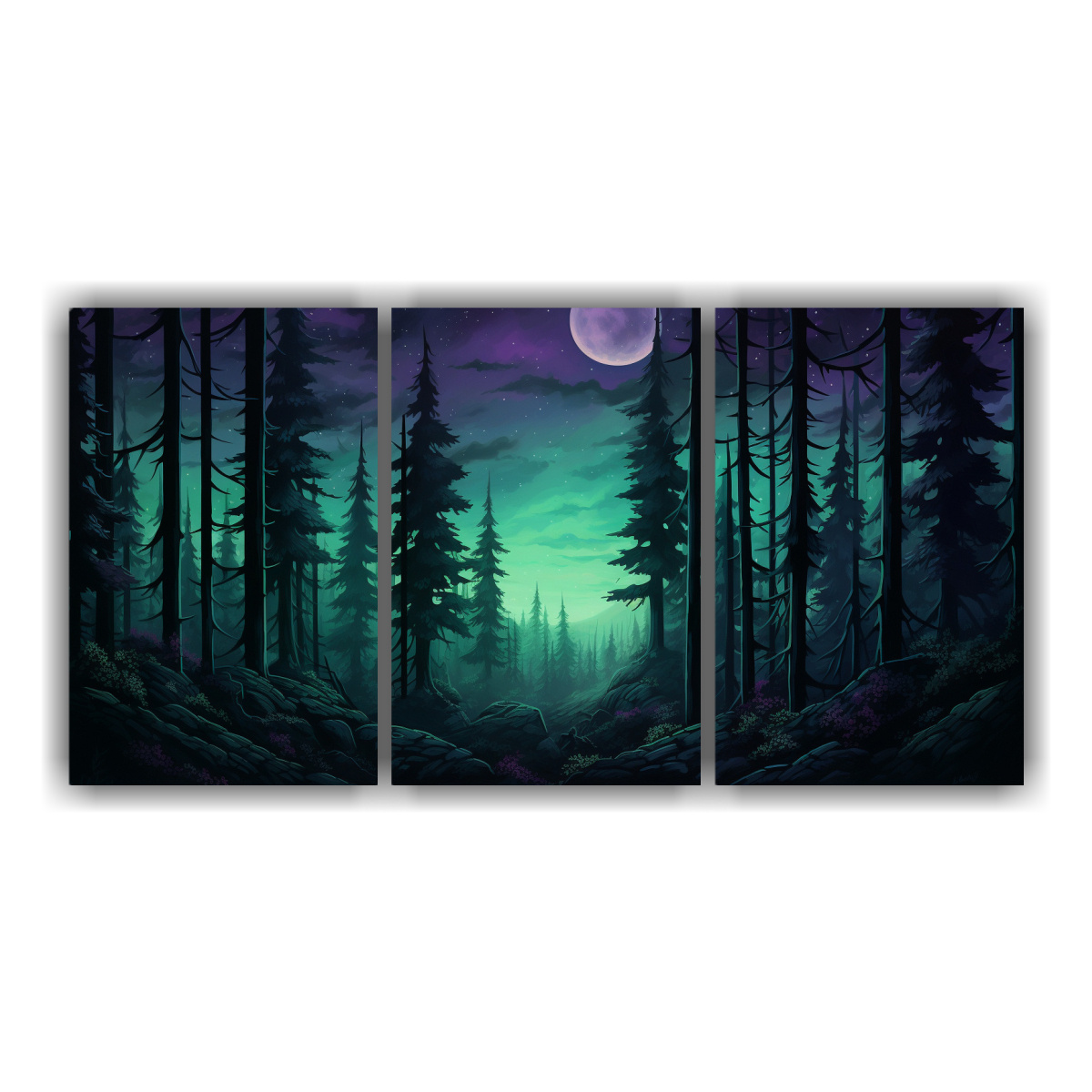 cuadros-decorativos-de-un-bosque-encantado-en-tres-paneles-de-tela