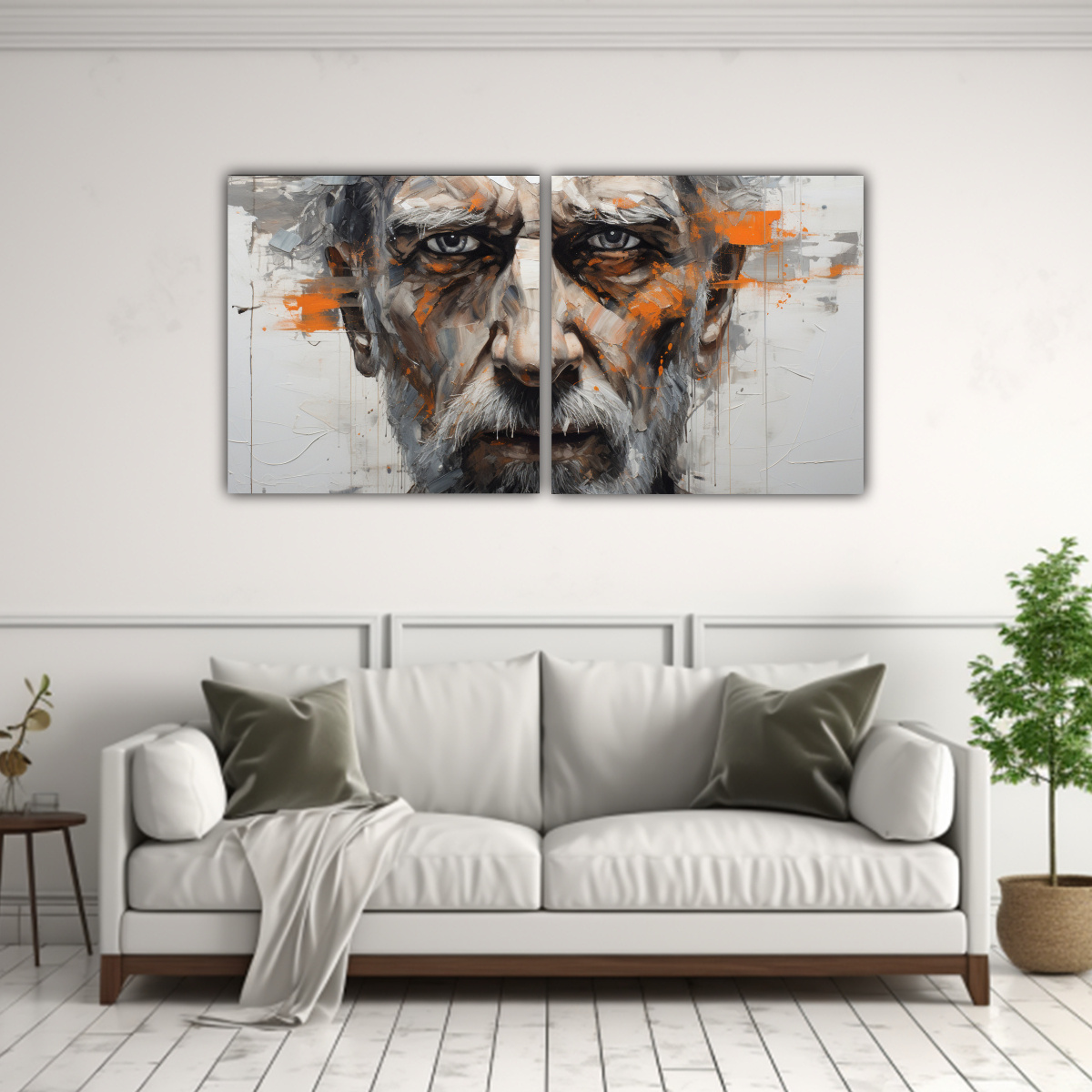 cuadros-modernos-estrellados-contornos-faciales-y-salpicaduras-plata-y-naranja-1