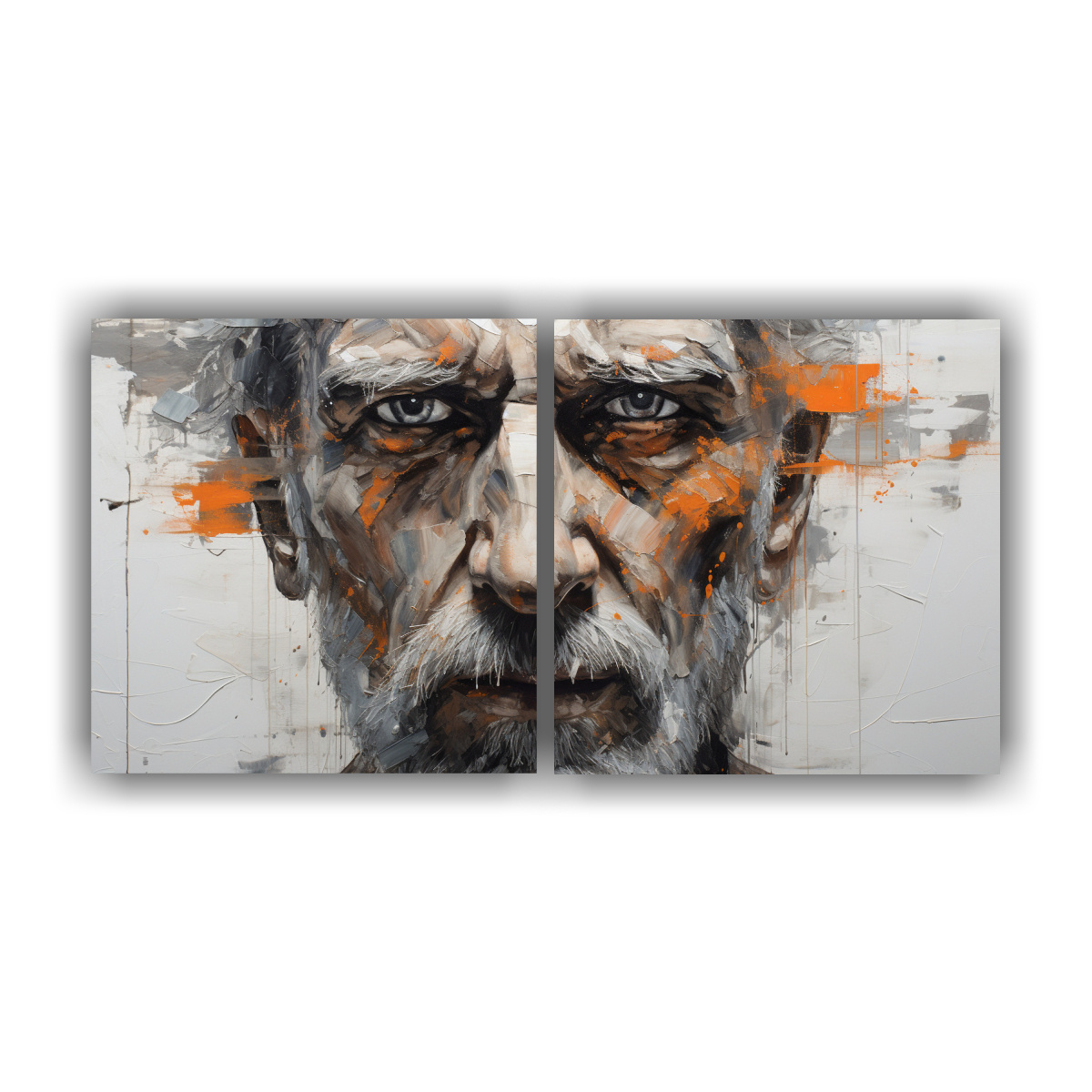 cuadros-modernos-estrellados-contornos-faciales-y-salpicaduras-plata-y-naranja