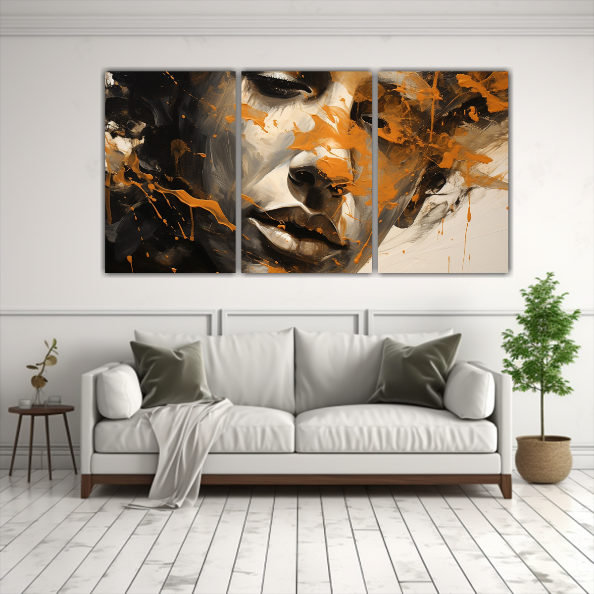 cuadros-vintage-con-contornos-faciales-y-salpicaduras-doradas-y-naranjas-1