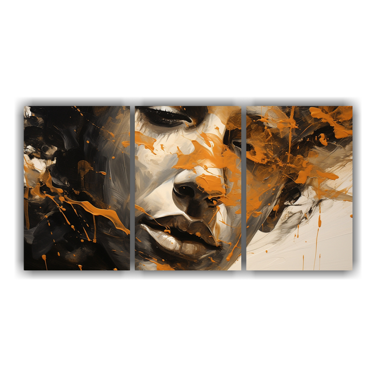 cuadros-vintage-con-contornos-faciales-y-salpicaduras-doradas-y-naranjas