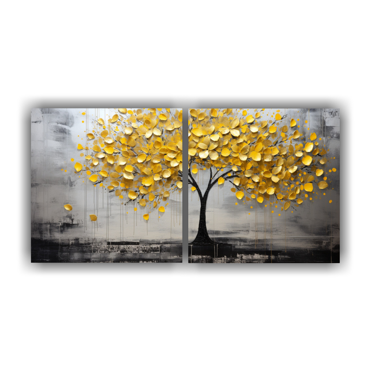 dos-composiciones-tema-fant-stico-rbol-en-amarillo-y-plata-en-pinturas-de-decoraci-n