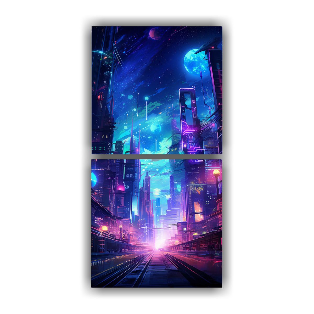 dos-pinturas-modernas-de-estilo-abstracto-de-una-ciudad-cyberpunk