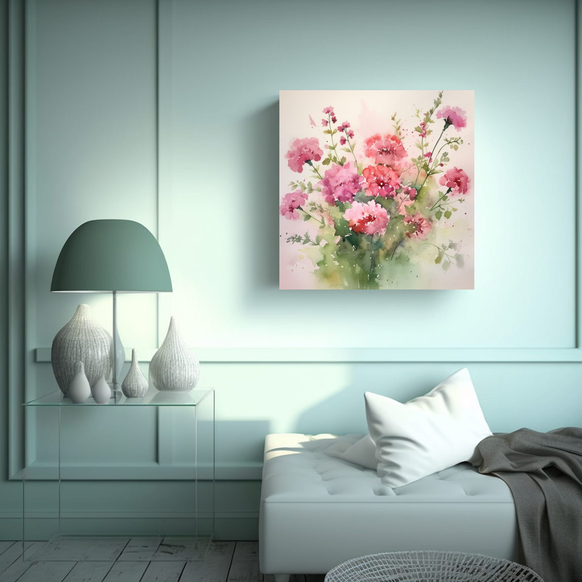 lienzo-moderno-de-cocina-acuarela-de-flores-rosas-con-follaje-verde-1